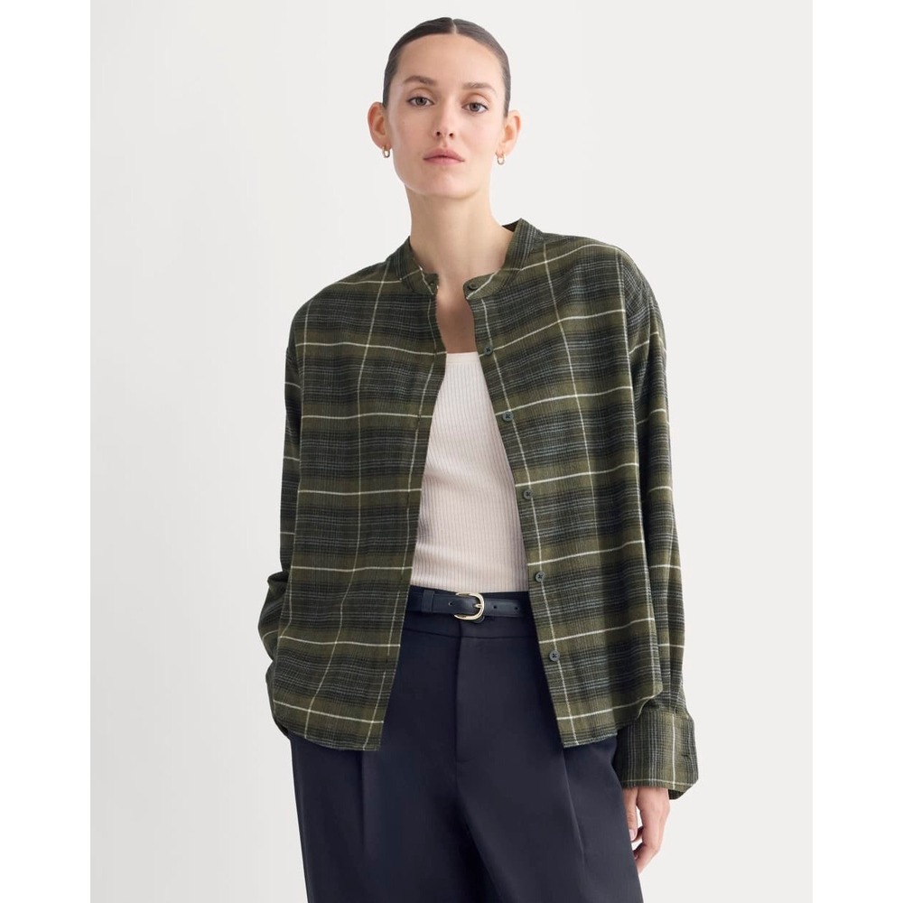 Everlane Flannel Collarless Plaid Shirt Olive Green Grey Band Collar Medium NEW